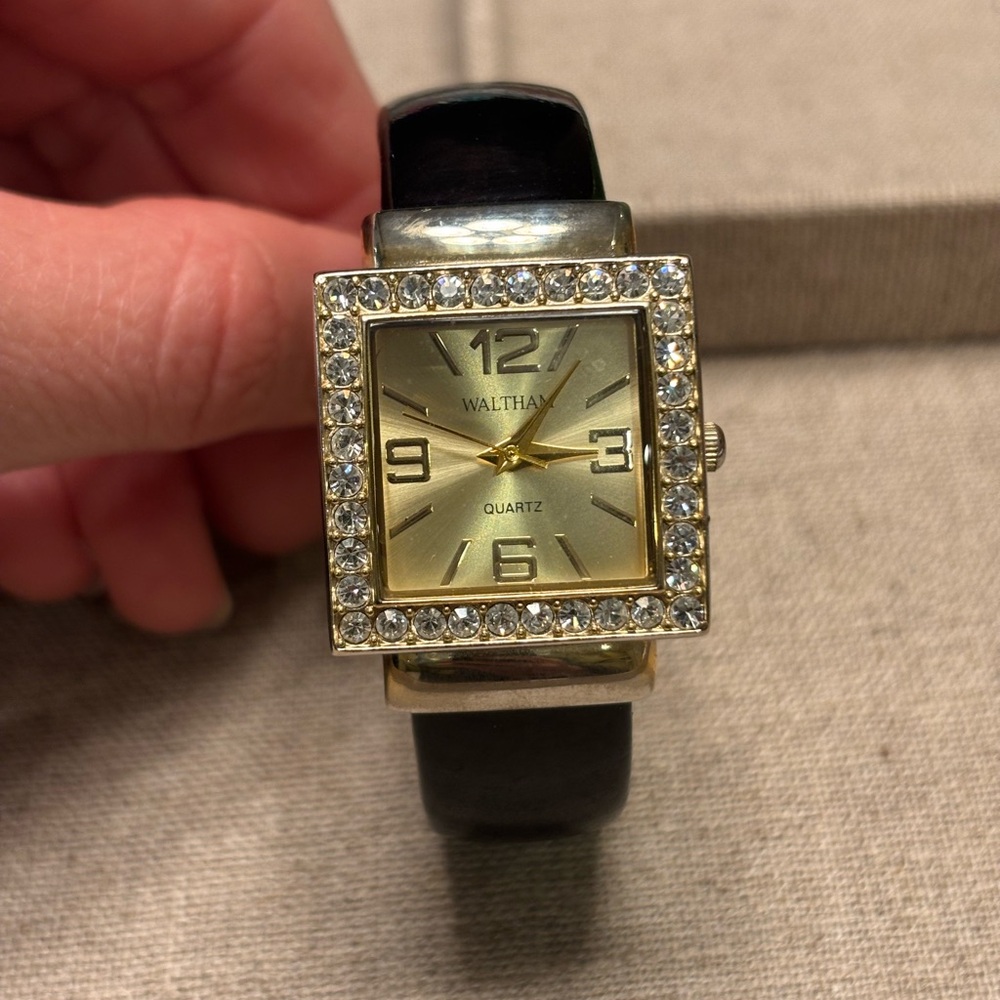 Waltham Gold Tone Square Rhinestone Bezel Quartz Watch – Needs Battery- Elegant